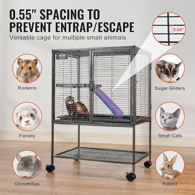 VEVOR 34" Rolling Metal Ferret Cage, Large 2-Tier Critter Nation Cage, Small Animal Cage with Ramps &amp; Tray, Easy to Set up for Pet Mice, Hamster, Guinea Pig, Chinchilla, Squirrel, Hedgehogs, Bunny