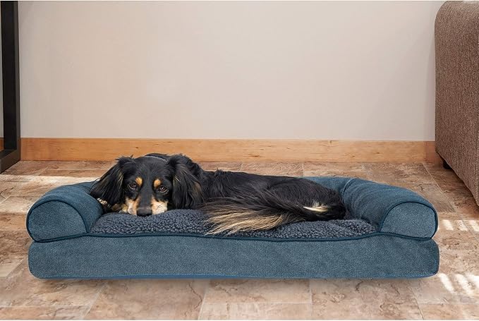 Furhaven Pillow Dog Bed for Medium/Small Dogs w/ Removable Bolsters &amp; Washable Cover - Sherpa &amp; Chenille Sofa - Orion Blue, Medium
