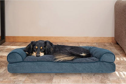 Furhaven Pillow Dog Bed for Medium/Small Dogs w/ Removable Bolsters &amp; Washable Cover - Sherpa &amp; Chenille Sofa - Orion Blue, Medium