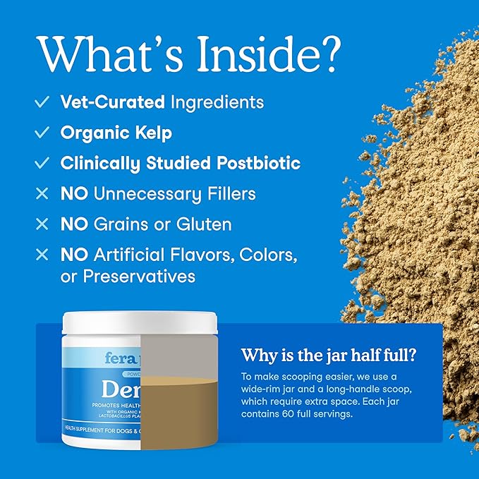 Fera Pets Cat &amp; Dog Dental Support Powder - Supports Fresh Breath - Promotes Healthy Teeth and Gums - Targets Tartar Build-Up - Includes Kelp, Enzymes &amp; Postbiotics - 60 Scoops