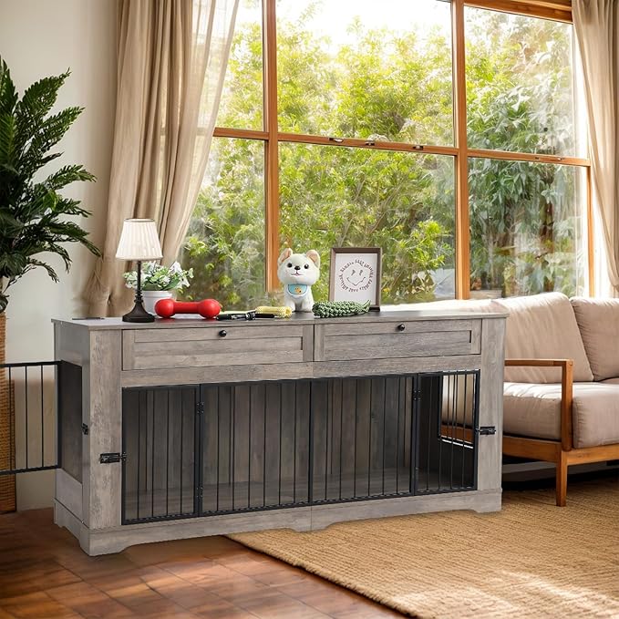 Large Dog Crate Furniture-Decorative Heavy Duty Dog Cage Indoor, Wooden Dog Cage End Table with Charging Station, Dog House with 2 Drawers (Gray, 70.86&