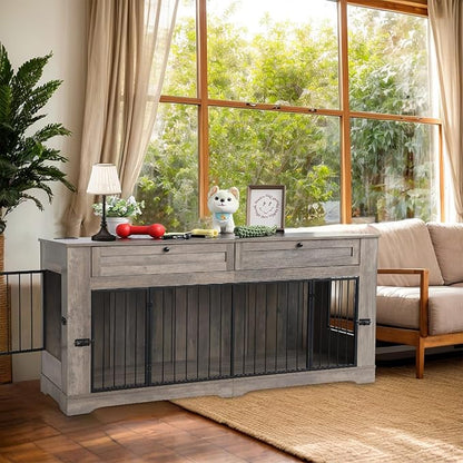 Large Dog Crate Furniture-Decorative Heavy Duty Dog Cage Indoor, Wooden Dog Cage End Table with Charging Station, Dog House with 2 Drawers (Gray, 70.86&