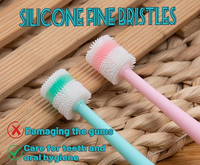 E.M&amp;S.T by Emmeliestella Small Dog &amp; Cat Toothbrush 360 Degree Soft Silicone, Cat Dental Care, Toothbrush Holder, Easy to Handle, Independent Packaging, Extra Suction Cup, Light Blue&amp;Light Pink 3PCS