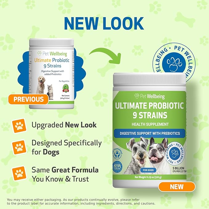 Pet Wellbeing Ultimate Probiotic 9 Strains for Dogs &amp; Cats - Supports The Gut Microbiome and Digestion, Immune System Care, Urinary Tract Health, FOS, 2.5 Billion CFU - 11.29 oz (320 g) Powder