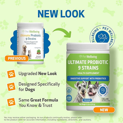 Pet Wellbeing Ultimate Probiotic 9 Strains for Dogs &amp; Cats - Supports The Gut Microbiome and Digestion, Immune System Care, Urinary Tract Health, FOS, 2.5 Billion CFU - 11.29 oz (320 g) Powder