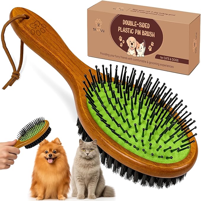 TAKAVU Pin &amp; Bristle Pet Brush for Dogs &amp; Cats - Double Sided Grooming Tool Detangles, Removes Loose Hair &amp; Conditions Coat - Wood Handle