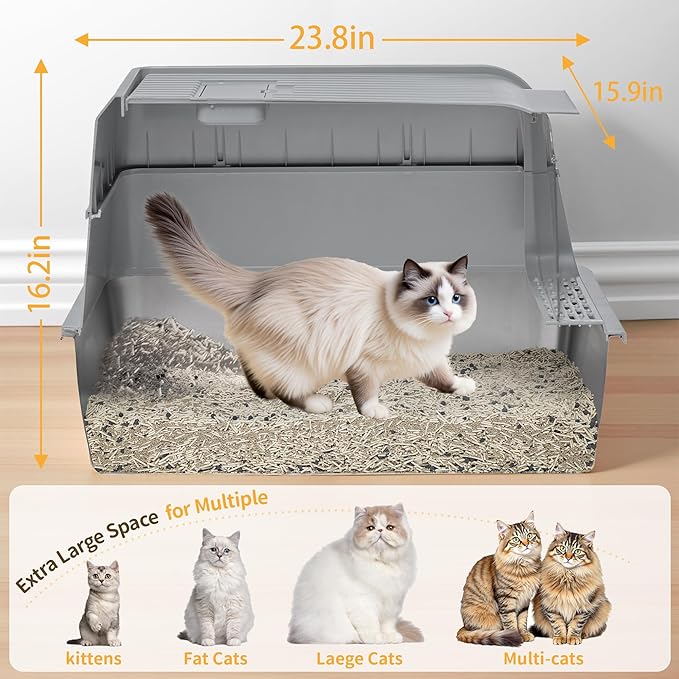 Stainless Steel Litter Box with Lid, XL Extra Large Cat Litter Box, Enclosed Metal Litter Pan with High Sided Enclosure &amp; Scoop, Anti Leakage, Easy to Clean, Odor Control(Grey)