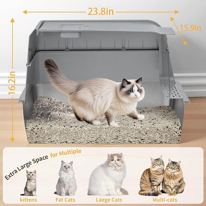 Stainless Steel Litter Box with Lid, XL Extra Large Cat Litter Box, Enclosed Metal Litter Pan with High Sided Enclosure &amp; Scoop, Anti Leakage, Easy to Clean, Odor Control(Grey)