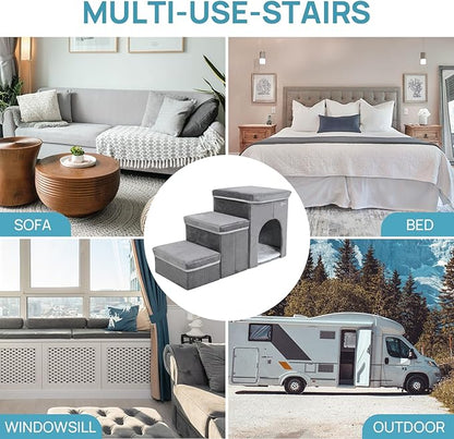 Foldable Pet Stairs for Beds &amp; Sofas - Non-Slip Dog Steps with Storage for Small to Medium Dogs &amp; Cats, Supports up to 120 lbs - Durable 2 &amp; 3-Step Doggie Ladder for Easy Access