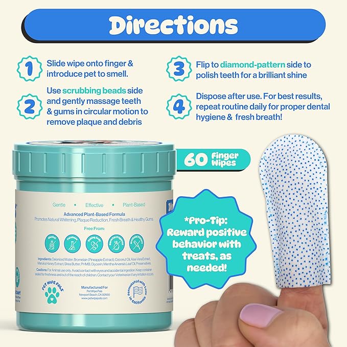 All-in-1 Dog Teeth Cleaning Wipes | Enzymatic Whitening + Premium Scrubbing Beads | No Mess, Pet Dental Wipes &amp; Finger Tooth Brushing Kit | Plant-Based Dental Care for Cats &amp; Dogs (60 Count)