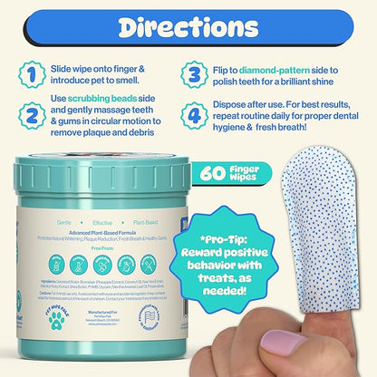 All-in-1 Dog Teeth Cleaning Wipes | Enzymatic Whitening + Premium Scrubbing Beads | No Mess, Pet Dental Wipes &amp; Finger Tooth Brushing Kit | Plant-Based Dental Care for Cats &amp; Dogs (60 Count)