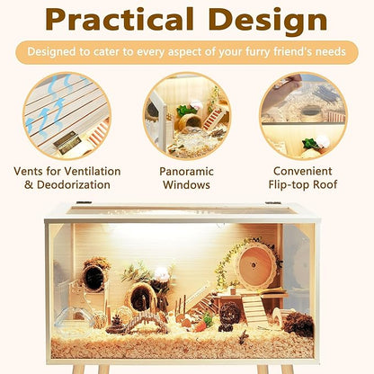 Prolee Hamster Cage Wooden Chew Proof, Extra Large Mice and Rat Habitat Openable Top with Acrylic Sheets Solid Built Small Animal Cage with Leg Stands, 24 Inch Long