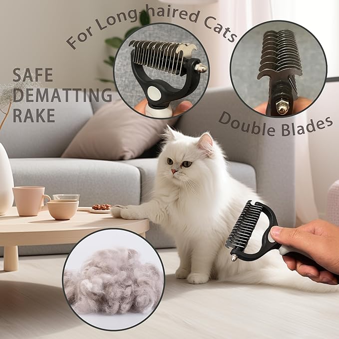 Cat Grooming Brush Kit 6 Tools - Deshedding &amp; Dematting for Long/Short Hair, Self-Cleaning Slicker Brush with 6-in-1 Flea Comb for Cats &amp; Kittens (White)