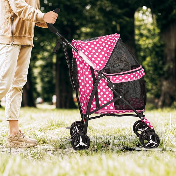 Magshion Compact Pet Stroller for Small-Medium Dogs/Cats up to 22lbs, 4-Wheel Lightweight Umbrella Shaped Portable Puppy Travel Jogger with Breathable Mesh &amp; Rear Storage, Pink Polka Dots
