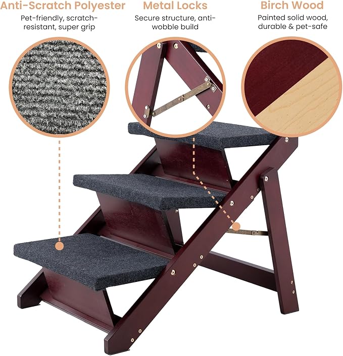 MEWANG Wooden Pet Stairs/Pet Steps - 3-in-1 Foldable Stairs &amp; Ramp for Beds and Cars - Portable Dog/Cat Ladder Up to 220 Pounds - Great for Small and Older Animals(Brown) (24.8" L x 17.2" W x 19.5" H)