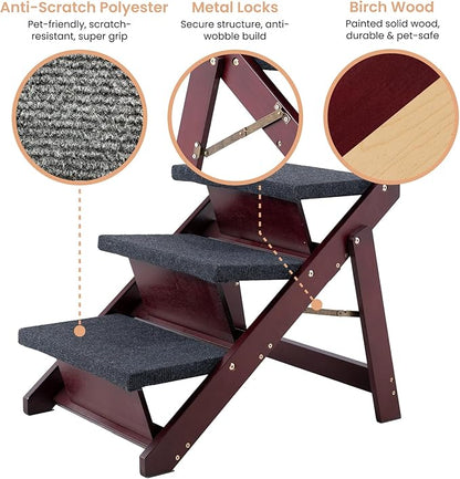 MEWANG Wooden Pet Stairs/Pet Steps - 3-in-1 Foldable Stairs &amp; Ramp for Beds and Cars - Portable Dog/Cat Ladder Up to 220 Pounds - Great for Small and Older Animals(Brown) (24.8" L x 17.2" W x 19.5" H)