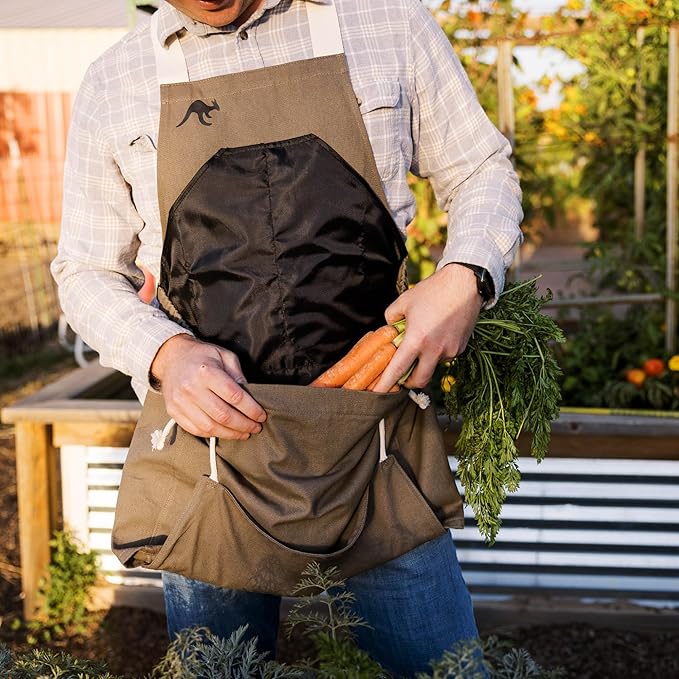 Roo Gardening Apron with Pockets &amp; Harvesting, Picking Pouch - Adjustable, Water-resistant, Washable Canvas Cotton