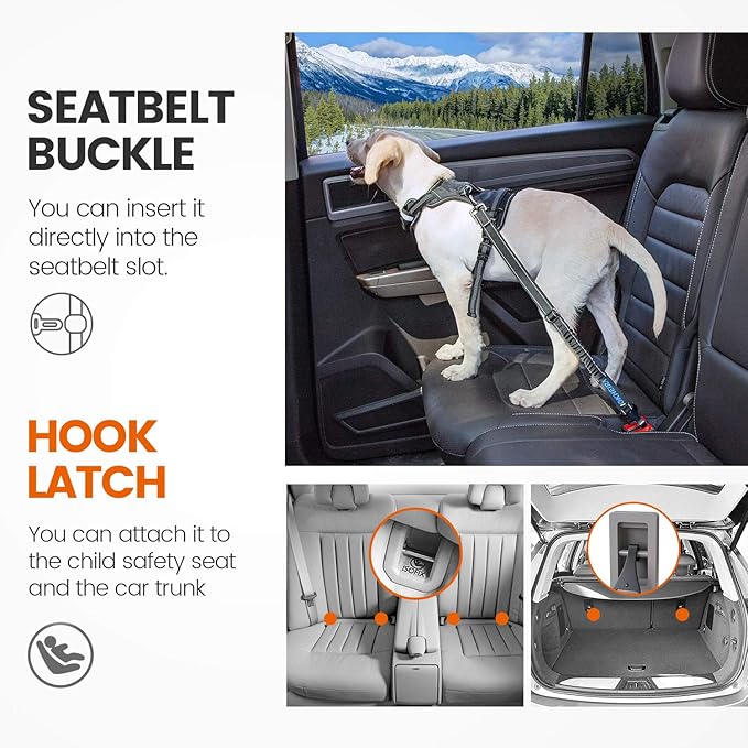 IOKHEIRA Dog Seatbelt, Updated Adjustable Harness Reflective Bungee Dog Car Seat Belt with Aviation Aluminum Alloy Rotatable Carabiner, Hook &amp; Buckle
