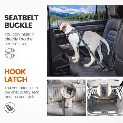 IOKHEIRA Dog Seatbelt, Updated Adjustable Harness Reflective Bungee Dog Car Seat Belt with Aviation Aluminum Alloy Rotatable Carabiner, Hook &amp; Buckle