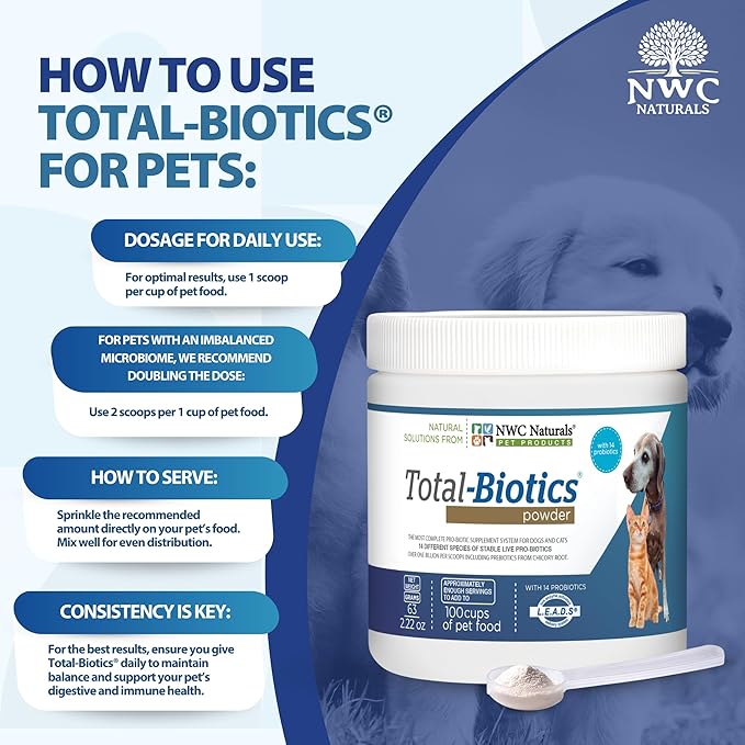 NWC Naturals Total-Biotics, Cat &amp; Dog Probiotics for Digestive Health with Prebiotic, Unflavored Probiotic for Dogs &amp; Cats, Supplement for Gut, Skin, Coat, Stomach Relief, 100 Servings, 2.22 Ounces