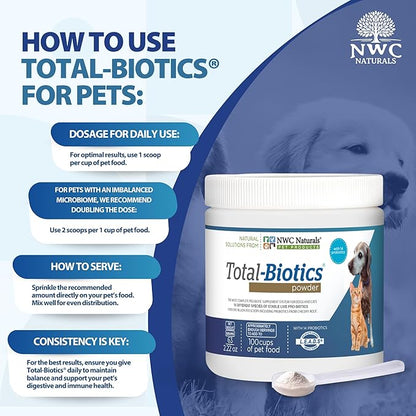 NWC Naturals Total-Biotics, Cat &amp; Dog Probiotics for Digestive Health with Prebiotic, Unflavored Probiotic for Dogs &amp; Cats, Supplement for Gut, Skin, Coat, Stomach Relief, 100 Servings, 2.22 Ounces