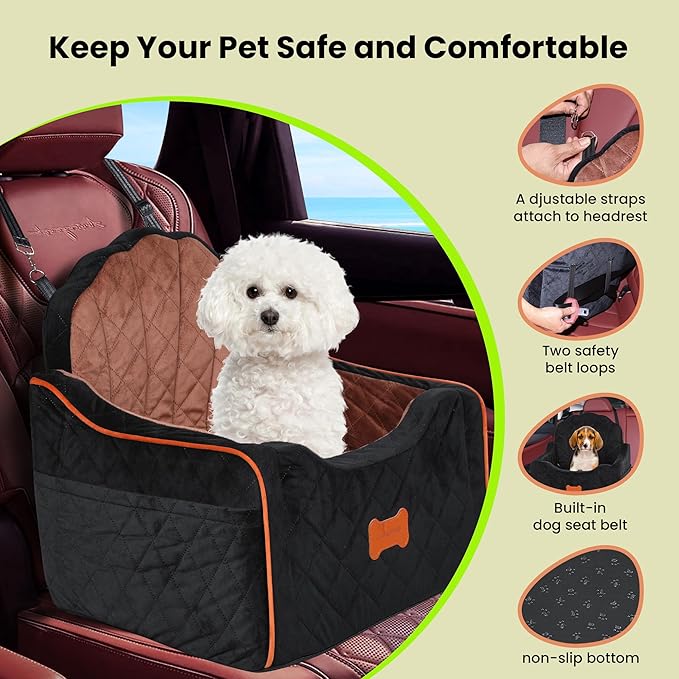 Dog Car Seat for Small Dogs Under 30lbs, Detachable Washable Pet Booster Seat with Safety Belt &amp; Storage Pockets, Travel Car Bed, Black/Brown