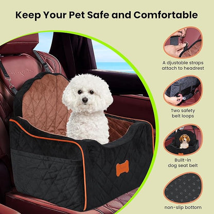 Dog Car Seat for Small Dogs Under 30lbs, Detachable Washable Pet Booster Seat with Safety Belt &amp; Storage Pockets, Travel Car Bed, Black/Brown