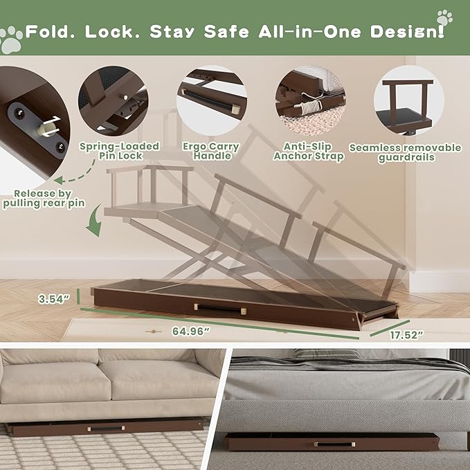 6 Level Height Adjustable Dog Ramp for Bed, Couch 65" Foldable Pet Ramp with Non-Slip Mat，DIY Glow Strips &amp; Rest Platform Heavy Duty Dog Stairs for Large Dogs up to 200Lbs ，Brown