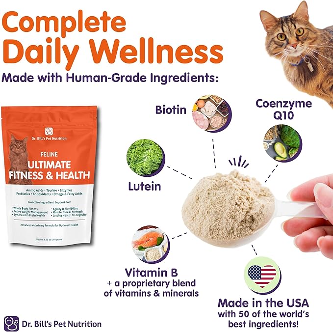 Dr. Bill’s Feline Ultimate Fitness &amp; Health | Cat Multivitamin Powder - Daily Supplement | Weight Control, Joint, Brain, Heart &amp; Immune Support | Omega 3s, Collagen, B Vitamins, Taurine, Amino Acids