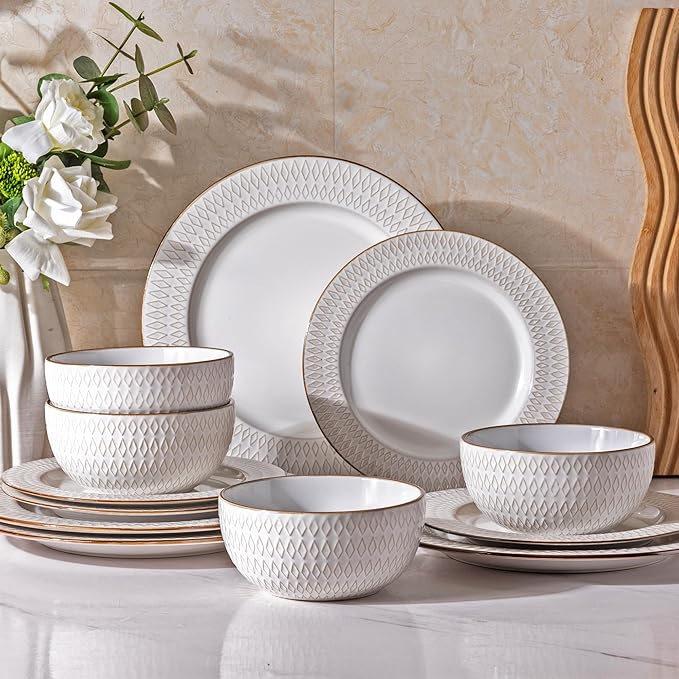 GBHOME Ceramic Dinnerware Sets,12 pcs Embossed Elegant Stoneware Plates and Bowls Sets, Housewarming Wedding Gift | Dishwasher &amp; Microwave Safe | Dishes Set Service for 4