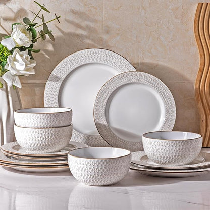 GBHOME Ceramic Dinnerware Sets,12 pcs Embossed Elegant Stoneware Plates and Bowls Sets, Housewarming Wedding Gift | Dishwasher &amp; Microwave Safe | Dishes Set Service for 4
