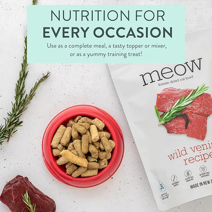 Meow Freeze Dried Cat Food - Wild Venison Recipe, High Protein Treats, Meals &amp; Toppers, Dry Cat Food, 9.9 oz