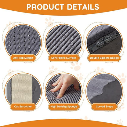 Pet Stairs, Dog Stairs for Small Dogs, Dogs Steps, 5-Step Curved Dog Ramp for Bed, Couch, Sofa, Car and Chairs, Non-Slip Bottom Design, Cat Scratching Board, High Density Foam Portable Pet Step, Grey