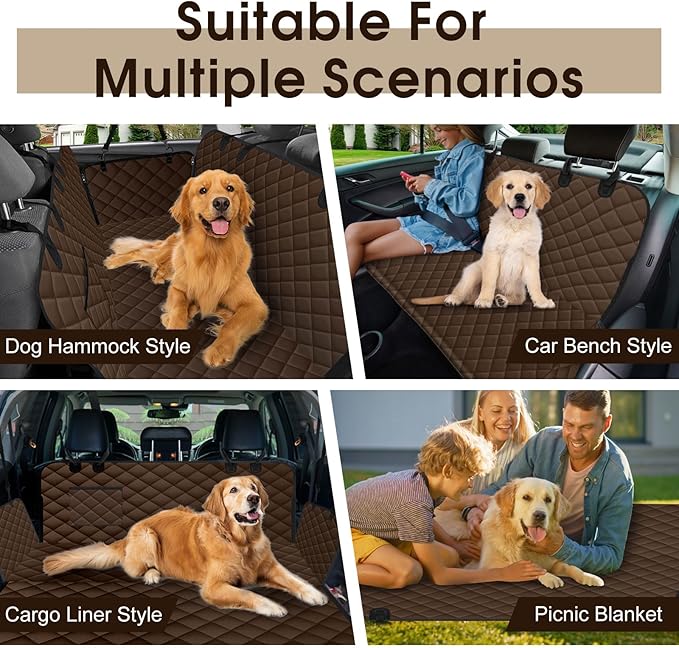 Waterproof Dog Car Seat Cover for Back Seat - Durable, Scratch Proof Pet Hammock with Nonslip Design &amp; Storage Pockets, Fits Cars, SUVs, Trucks - L, Coffee/Black