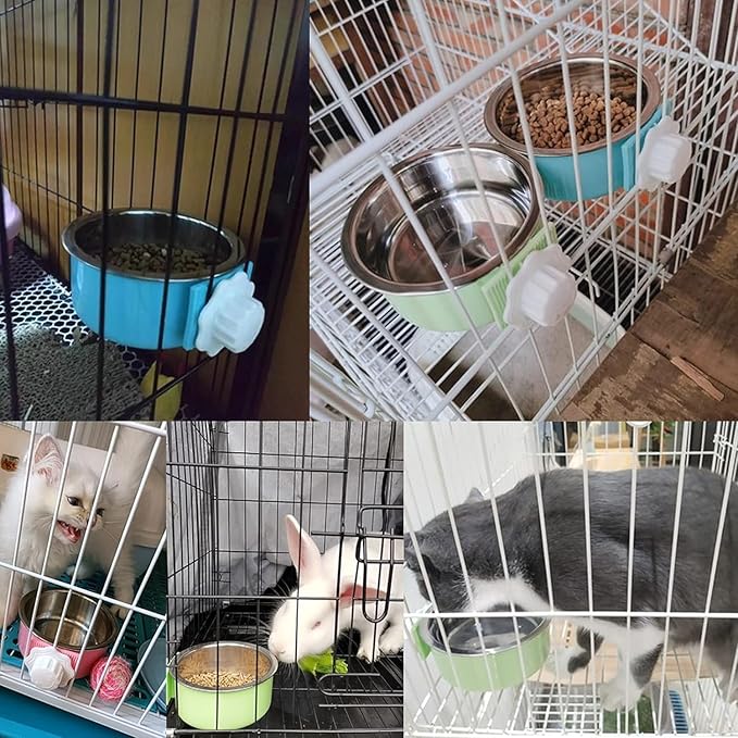 kathson Crate Dog Bowl, Removable Stainless Steel Hanging Pet Kennel Cage Bowl Food &amp; Water Feeder Coop Cup for Puppy, Cat, Rabbit,Guinea Pigs 2pcs (Blue,Green)