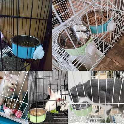 kathson Crate Dog Bowl, Removable Stainless Steel Hanging Pet Kennel Cage Bowl Food &amp; Water Feeder Coop Cup for Puppy, Cat, Rabbit,Guinea Pigs 2pcs (Blue,Green)