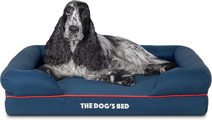The Dog’s Bed, Medium Blue/Red 30x23.5, Memory Foam, Pain Relief: Arthritis, Hip &amp; Elbow Dysplasia, Post Surgery, Lameness, Supportive, Calming, Waterproof Washable Cover, Veterinary Approved