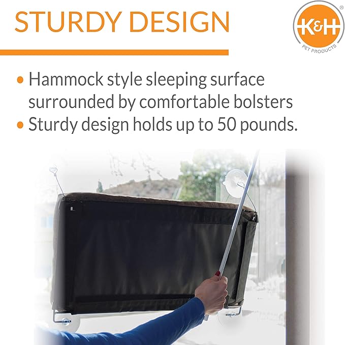 K&amp;H Pet Products EZ Mount Bolster Cat Window Perch for Large Cats, Sturdy Kitty Window Hammock Bed, Steel Frame, Sturdy Suction Cups, Washable Shelf Covers, Foldable - Fits 27"W X 23"H Glass Spaces
