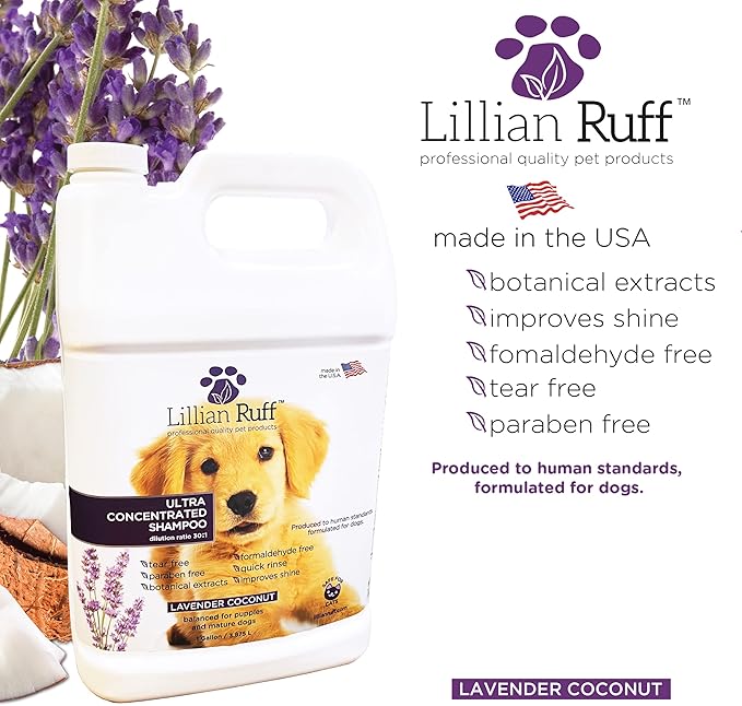 Lillian Ruff High Concentrate Professional Grooming Shampoo for Dogs with Hydrating Essential Oils – 30:1 Concentration for Bathing System - Clean, Condition, &amp; Deodorize Dry Sensitive Skin (Gallon)