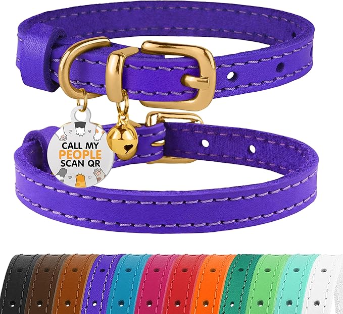 BRONZEDOG Leather Cat Collar with Removable Bells Non Breakaway Kitten QR Tag for Girl Boy (7" - 9" for Cats, Purple &amp; Gold)