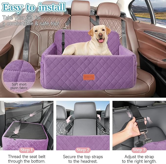 Dog Car Seat for Medium/Large Dogs, Pet Booster Seat for Under 55 lbs or 2 Small Dogs, Detachable &amp; Washable Dog Car Bed for Backseat with 2 Safety Leashes (Purple)