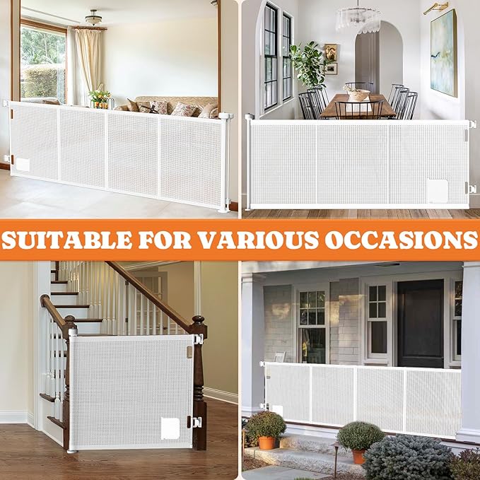 Pawtners Retractable Baby Gates Extra Wide, 41" Tall Extends up to 120" Wide, Dog Gate Indoor with Cat Door for Stairs, Pet Gate with Support Rods for Doorways Hallways Indoor &amp; Outdoor-White