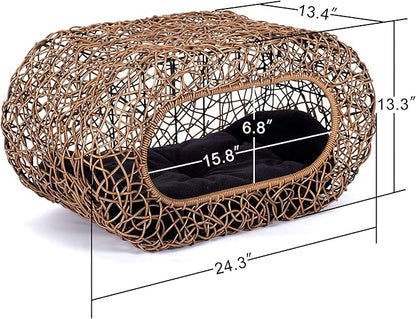 Fun Stackable Cat Condo for Indoor Cats - Interactive Play Faux Rattan Cat House for Indoor Cats Kitty, Pet Friendly Top/Side House Entry, Cat Bed Enclosed