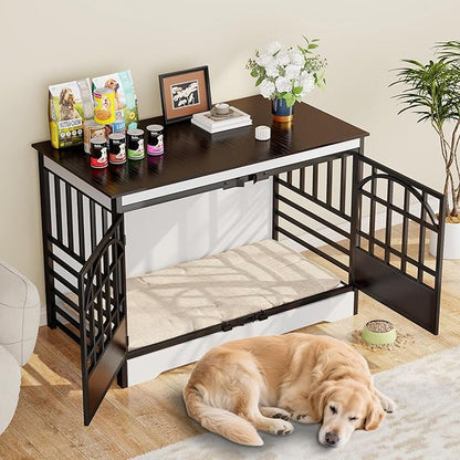 COZPAW 52 Inch Dog Crate Furniture, Extra Large Dog Kennel Indoor for XLarge Breed, Heavy Duty Dog Cage with Double Elegant Arched Doors, Decorate as TV Stand &amp; End Table - White Brown