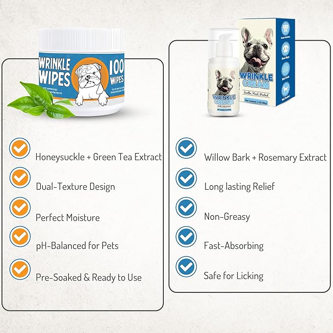 Bulldog Wrinkle Wipes &amp; Cream Bundle - Deep Cleaning Wrinkle Wipes + Soothing Dog Wrinkle Cream - Hypoallergenic for Bulldogs, Pugs, Frenchies (100 Wipes + 85g Cream)