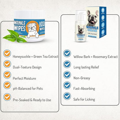 Bulldog Wrinkle Wipes &amp; Cream Bundle - Deep Cleaning Wrinkle Wipes + Soothing Dog Wrinkle Cream - Hypoallergenic for Bulldogs, Pugs, Frenchies (100 Wipes + 85g Cream)