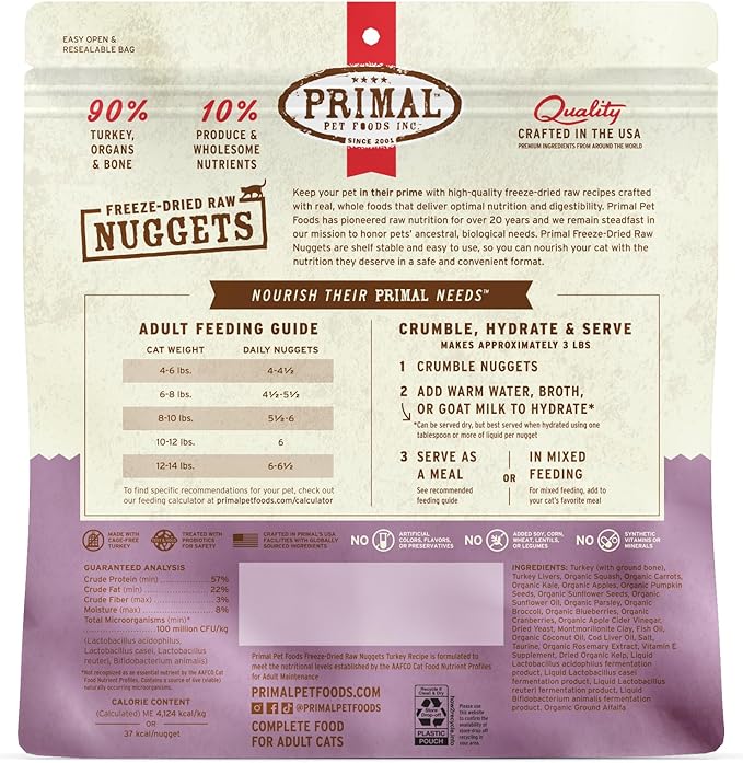 Primal Freeze Dried Raw Cat Food Nuggets Turkey, Complete &amp; Balanced Meal or Topper, Premium, Healthy, Grain Free, High Protein Raw Cat Food with Probiotics (14 oz)