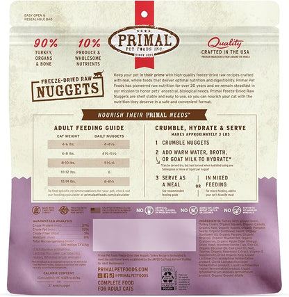 Primal Freeze Dried Raw Cat Food Nuggets Turkey, Complete &amp; Balanced Meal or Topper, Premium, Healthy, Grain Free, High Protein Raw Cat Food with Probiotics (14 oz)