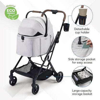 ibiyaya Tinker Pet Stroller for Small Dogs and Cats – 3-in-1 Pet Carrier, Dual-Opening Canopy, No-Flat Wheels, Vegan Leather Handle, Large Storage Basket (Silver Gray)