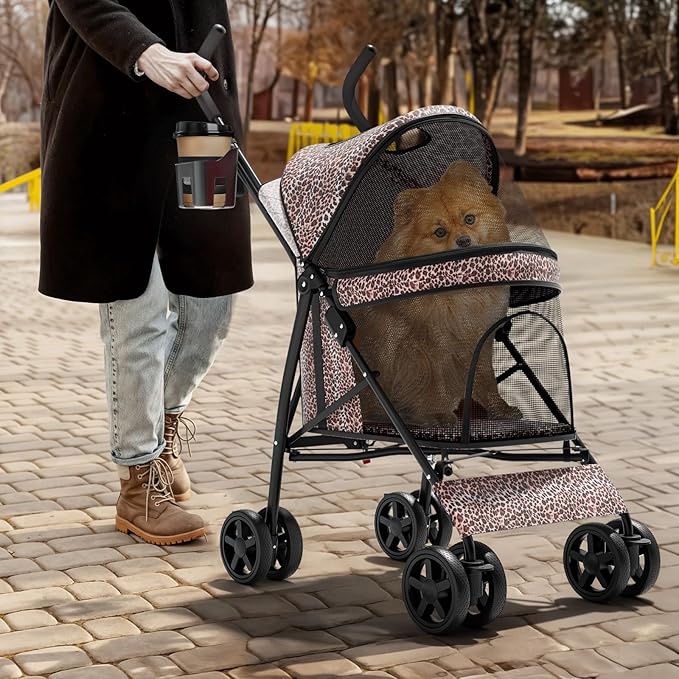 Magshion Compact Pet Stroller for Small-Medium Dogs/Cats up to 22lbs, 4-Wheel Lightweight Umbrella Shaped Portable Puppy Travel Jogger with Breathable Mesh, Cup Holder &amp; Rear Storage, Leopard Print